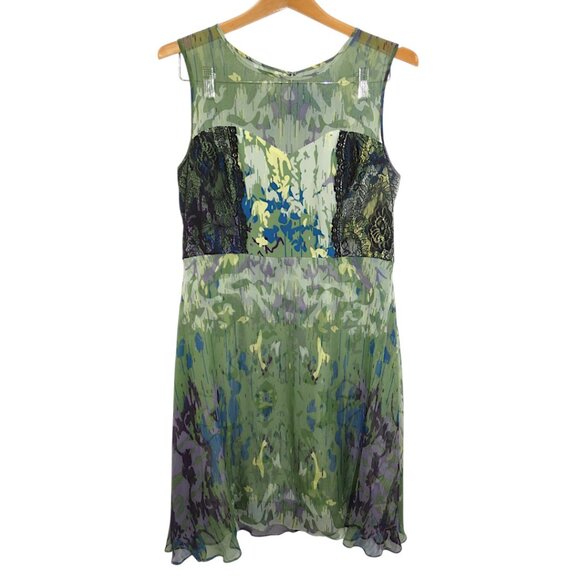 Vessel by Timo  Flowy 100% Silk Green Abstract Print Lace Inset Dress Size 12 - Picture 10 of 12